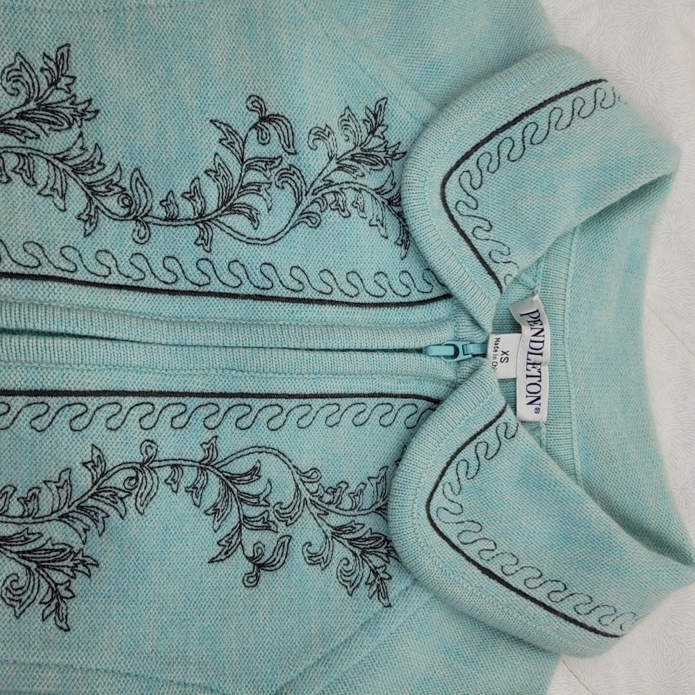 Pendleton 100% wool pale aqua zipper cardigan collar gray embroidery grandma XS - Picture 2 of 11